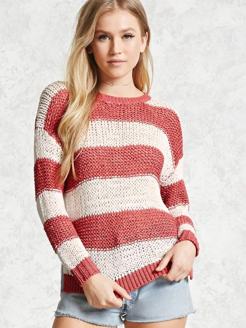 

FOREVER 21 Women Off-White & Pink Self Design Pullover Sweater