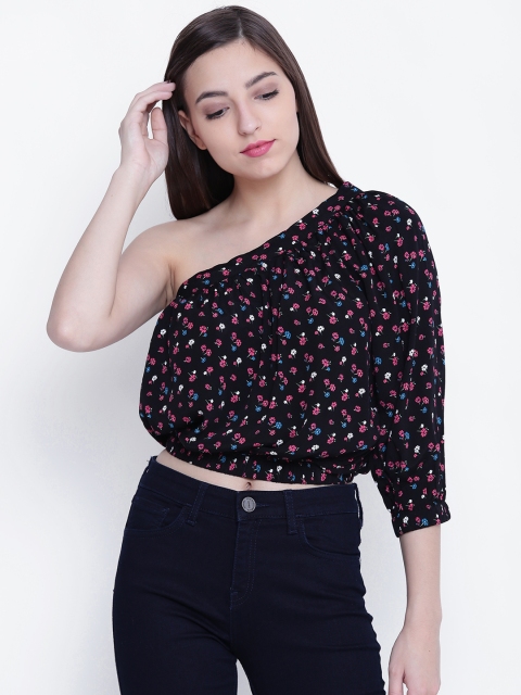 

FOREVER 21 Women Black Printed One-Shoulder Blouson Top