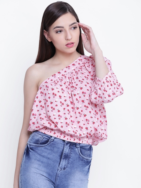 

FOREVER 21 Women Pink Printed One-Shoulder Blouson Top