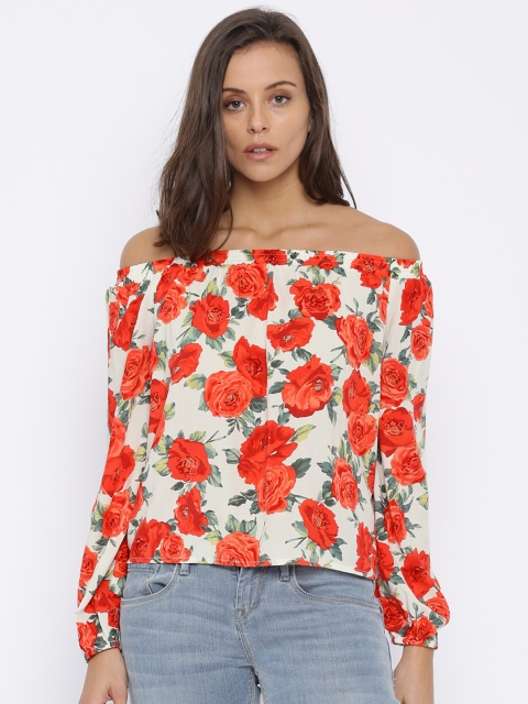 

FOREVER 21 Women White & Red Printed Bardot Top