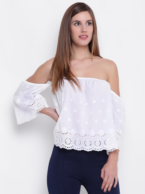 

FOREVER 21 Women White Embroidered Bardot Top