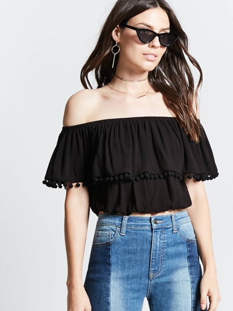 

FOREVER 21 Women Black Solid Bardot Crop Top