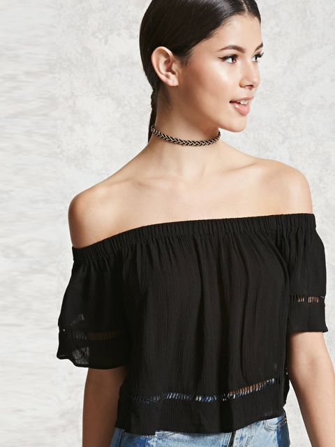 

FOREVER 21 Women Black Solid Bardot Top