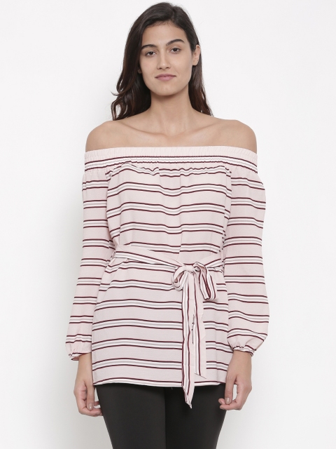 

FOREVER 21 Women Pink & Burgundy Striped Bardot Top