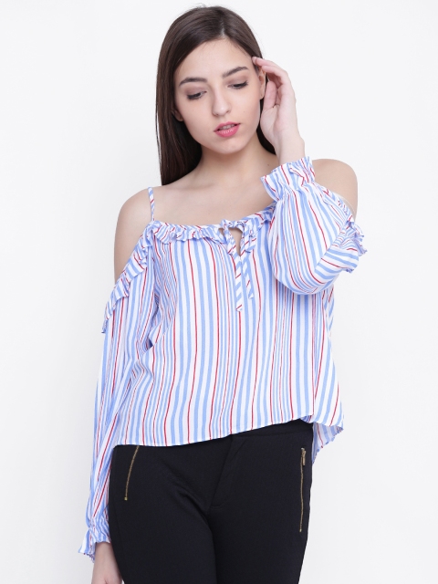

FOREVER 21 Women Blue & White Striped Bardot Top