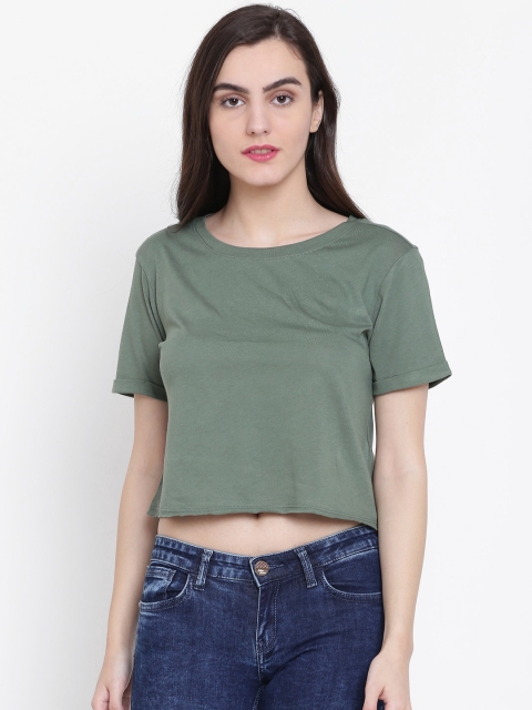 

FOREVER 21 Women Olive Green Solid Crop Round Neck T-shirt