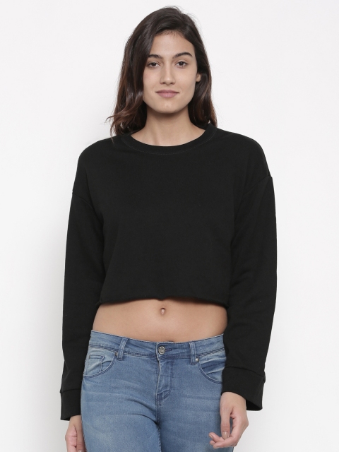 

FOREVER 21 Women Black Solid Crop Sweatshirt