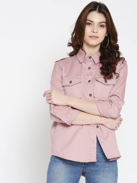 

FOREVER 21 Women Dusty Pink Solid Denim Shirt