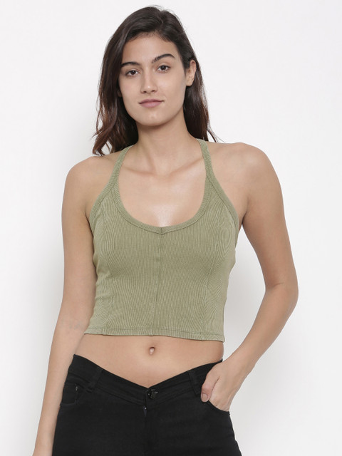 

FOREVER 21 Women Green Striped Fitted Crop Top