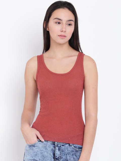 

FOREVER 21 Women Rust Self-Striped Fitted Top