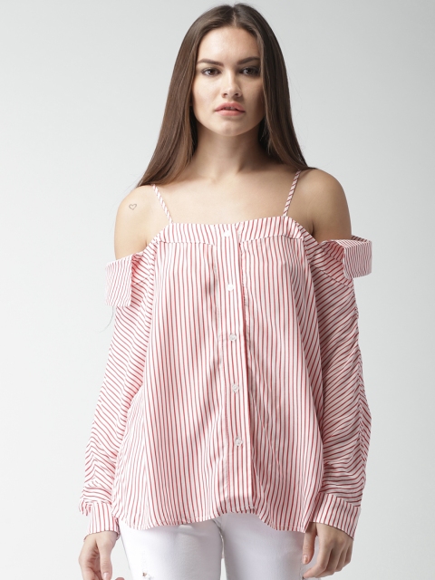 

FOREVER 21 Women White & Red Regular Fit Striped Casual Shirt