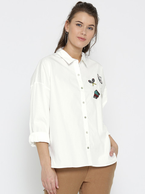 

FOREVER 21 Women Off-White Regular Fit Solid Casual Shirt