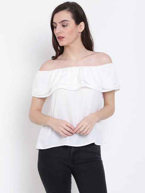 

FOREVER 21 Women White Solid Bardot Top