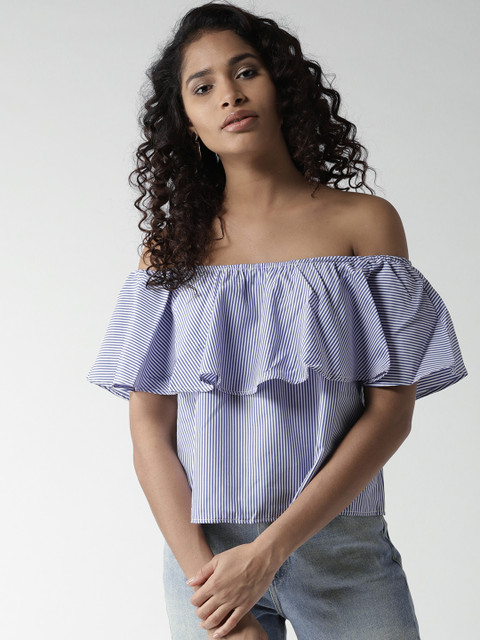 

FOREVER 21 Women Blue & White Striped Bardot Top