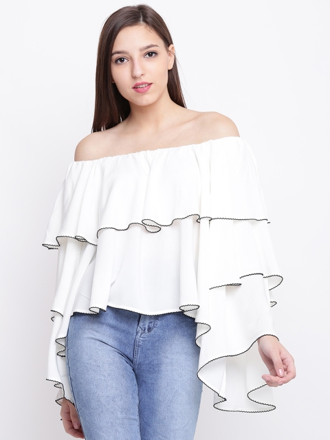 

FOREVER 21 Women White Solid Layered Bardot Top