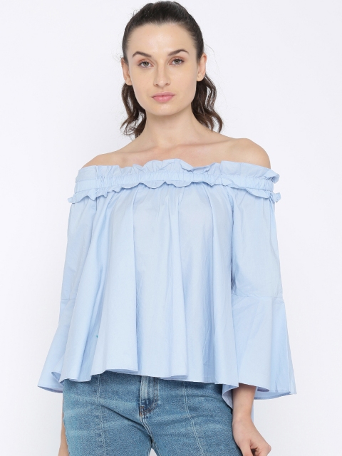 

FOREVER 21 Women Blue Solid Bardot Top