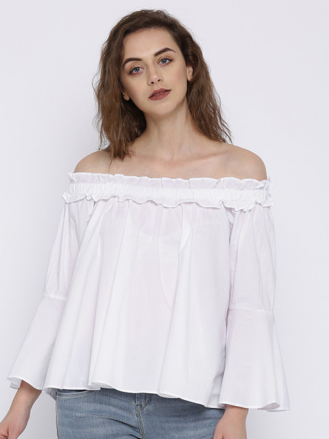 

FOREVER 21 Women White Solid Bardot Top