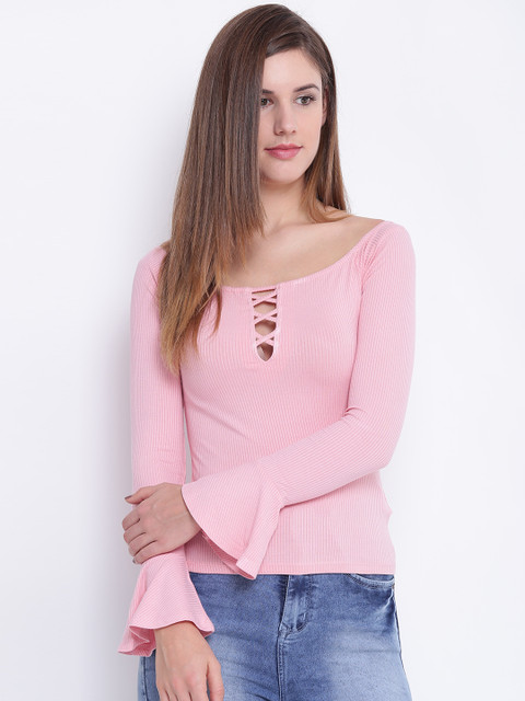 

FOREVER 21 Women Pink Solid Fitted Top
