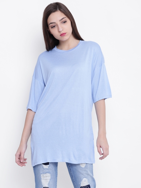

FOREVER 21 Women Blue Solid Round Neck Longline T-shirt