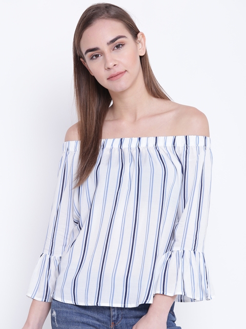 

FOREVER 21 Women White & Blue Striped Bardot Top