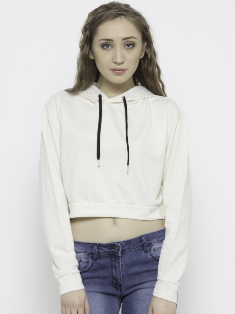 

FOREVER 21 Women Cream-Coloured Solid Crop Boxy Hooded Sweatshirt