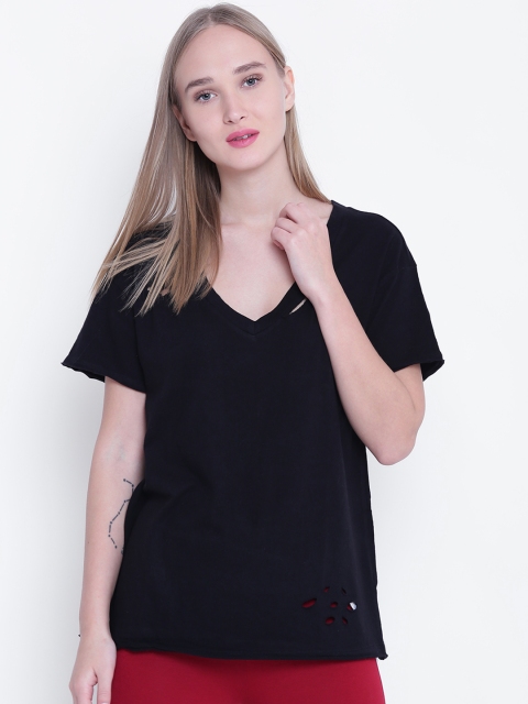 

FOREVER 21 Women Black Solid V-Neck T-shirt
