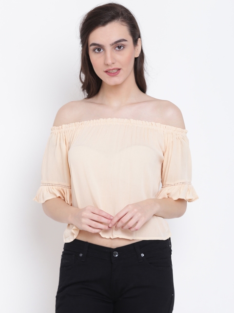

FOREVER 21 Women Peach-Coloured Solid Crop Bardot Top