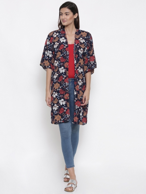 

FOREVER 21 Navy Blue & Red Printed Open Front Shrug