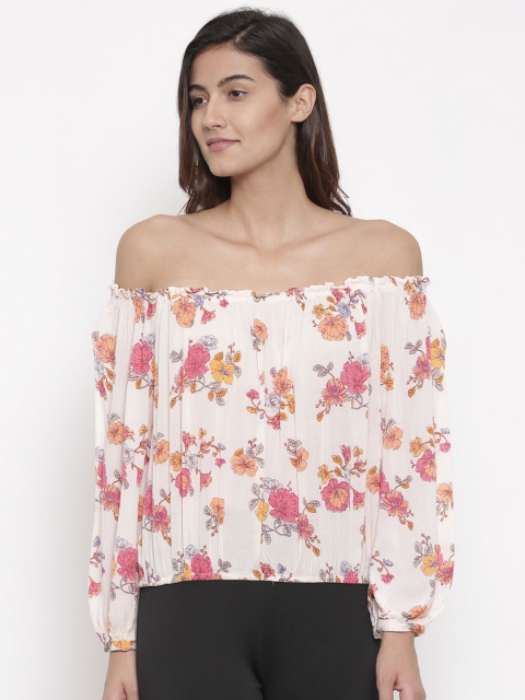 

FOREVER 21 Women Off-White & Pink Floral Print Bardot Top