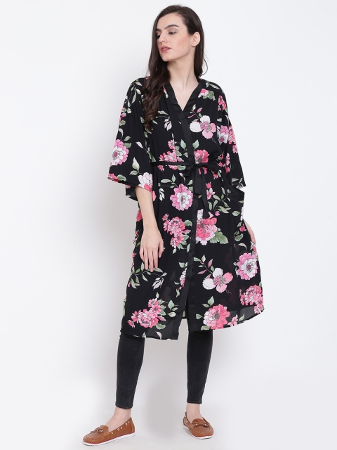 

FOREVER 21 Black & Pink Printed Longline Wrap Shrug