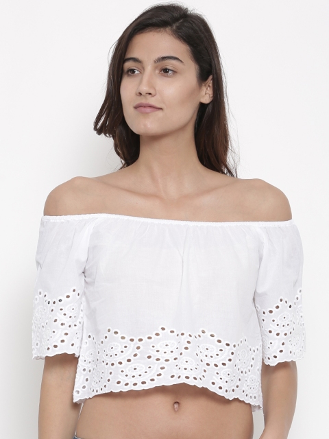 

FOREVER 21 Women White Solid Bardot Top