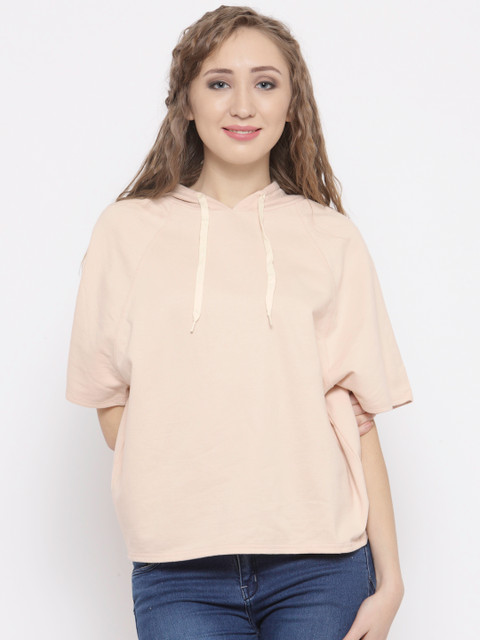 

FOREVER 21 Women Peach-Coloured Solid Hooded Sweatshirt