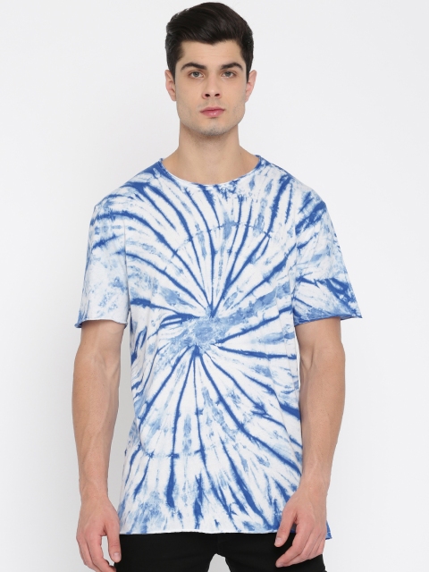 

FOREVER 21 Men White & Blue Dyed Round Neck T-Shirt