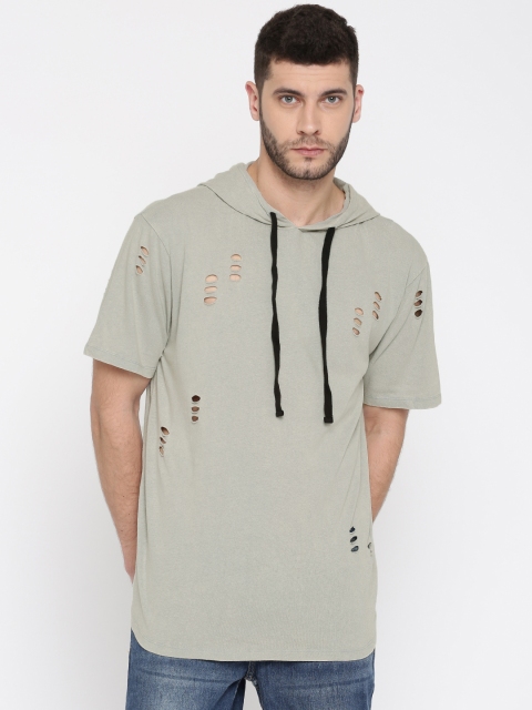 

FOREVER 21 Men Grey Solid Hood T-Shirt