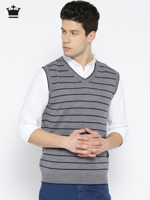 

Louis Philippe Men Grey Melange & Navy Blue Striped Sleeveless Sweater