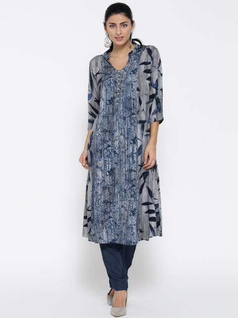 

Shree Women Navy & Grey Printed A-Line Kurta with Trousers, Navy blue