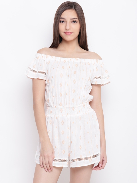 

FOREVER 21 Off-White & Peach-Coloured Self-Design Playsuit