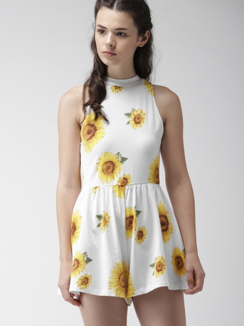

FOREVER 21 White & Yellow Printed Playsuit