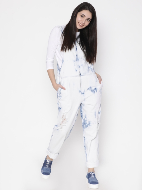 

FOREVER 21 White & Blue Washed Basic Jumpsuit