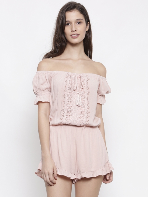 

FOREVER 21 Pink Solid Off-Shoulder Playsuit