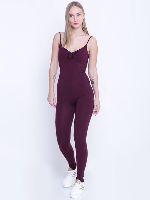 

FOREVER 21 Burgundy Solid Basic Jumpsuit
