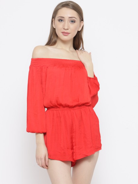 

FOREVER 21 Coral Red Solid Off-Shoulder Playsuit