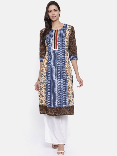 

Soch Women Navy & Beige Printed Straight Kurta, Navy blue