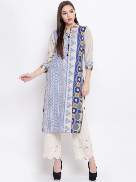 

Soch Women Beige & Blue Printed Straight Kurta