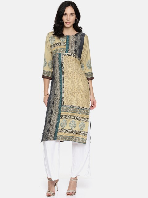 

Soch Women Beige & Blue Printed Straight Kurta