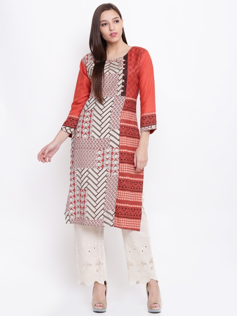 

Soch Women Beige & Orange Printed Straight Kurta