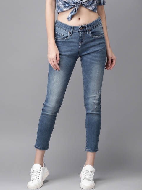 

HERE&NOW Women Blue Skinny Fit Mid-Rise Mildly Distressed Stretchable Cropped Jeans