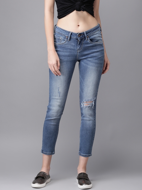 

HERE&NOW Women Blue Skinny Fit Mid-Rise Mildly Distressed Stretchable Cropped Jeans