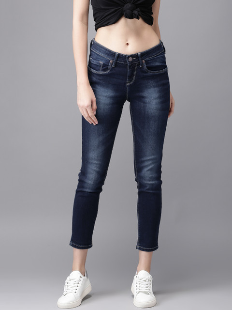 

HERE&NOW Women Navy Skinny Fit Mid-Rise Clean Look Stretchable Cropped Jeans, Navy blue