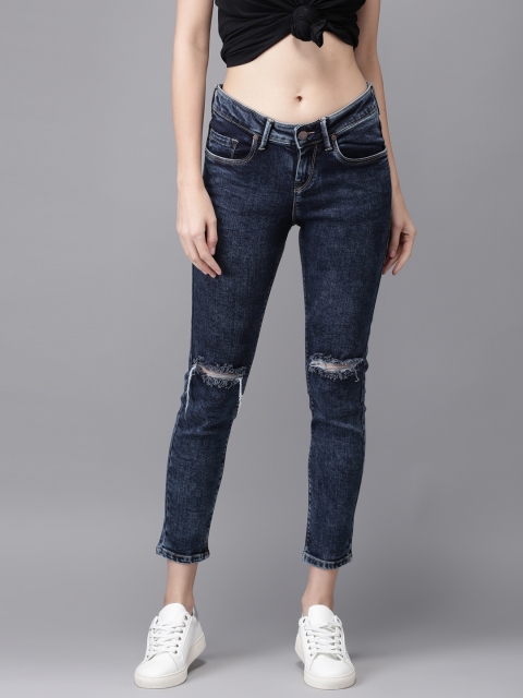 

HERE&NOW Women Navy Skinny Fit Mid-Rise Cropped Slash Knee Stretchable Jeans, Navy blue